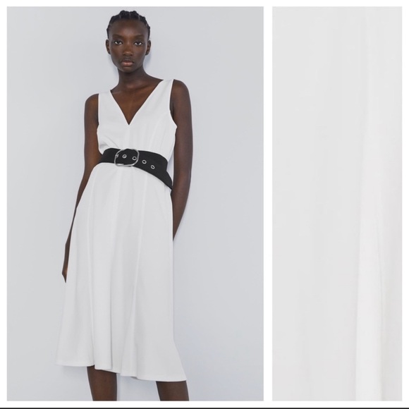 Zara Dresses & Skirts - NWT ZARA White DRESS WITH CONTRAST BELT A-line MIDI V-Neck Sleeveless Small